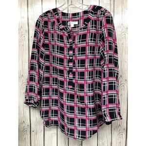 Amour Vert Navy Pink White 3/4 Sleeve Silk Blouse Size Medium